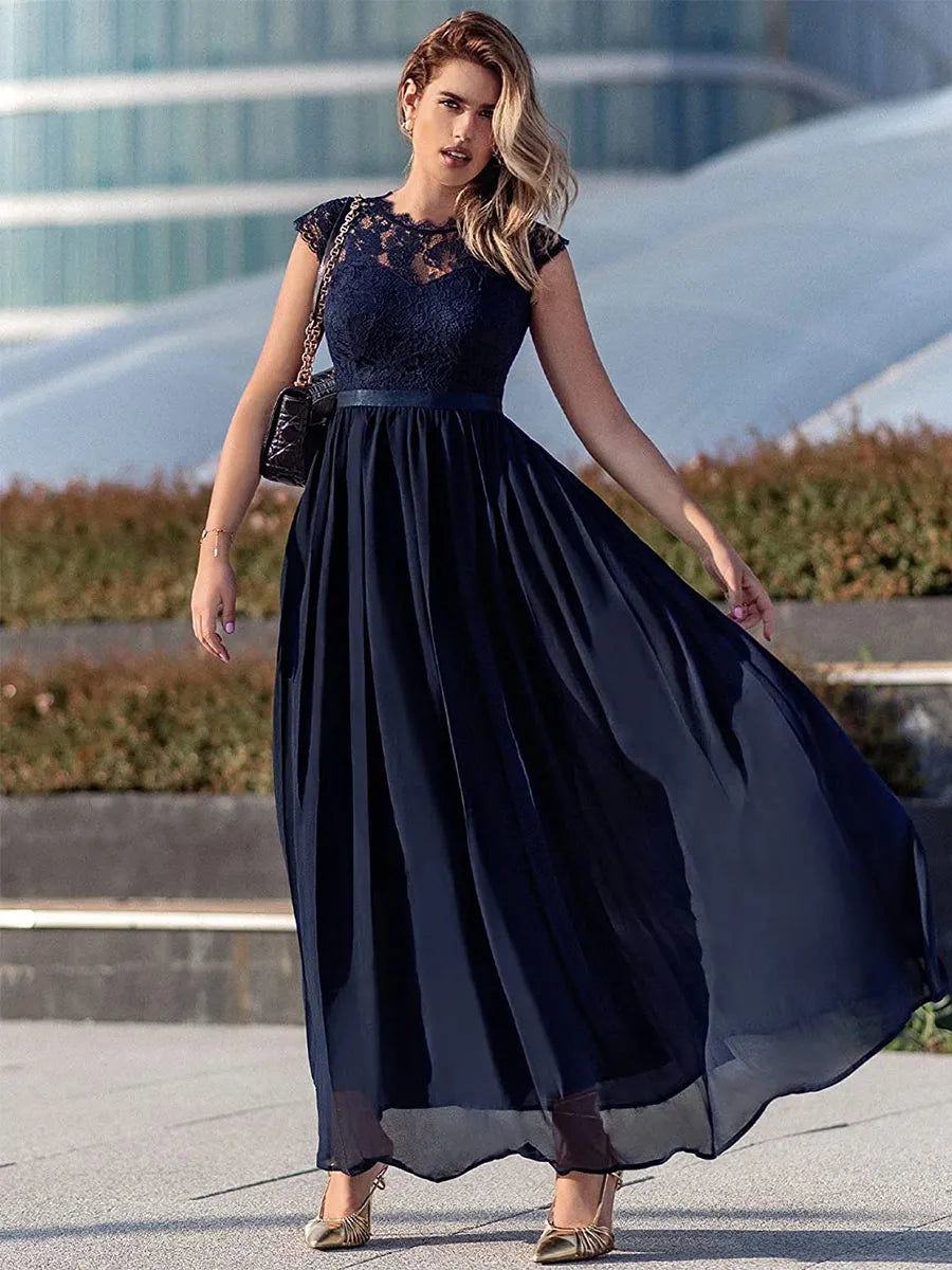 Navy Dress A-line Dark Cap Sleeves Maxi Dress Bodice Ribbon Waist Prom Dresses Mother of the Bride Dress