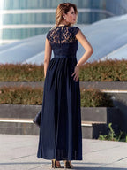 Navy Dress A-line Dark Cap Sleeves Maxi Dress Bodice Ribbon Waist Prom Dresses Mother of the Bride Dress
