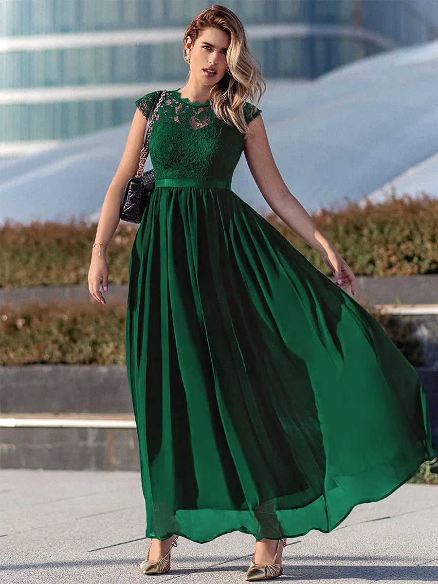 Navy Dress A-line Dark Cap Sleeves Maxi Dress Bodice Ribbon Waist Prom Dresses Mother of the Bride Dress