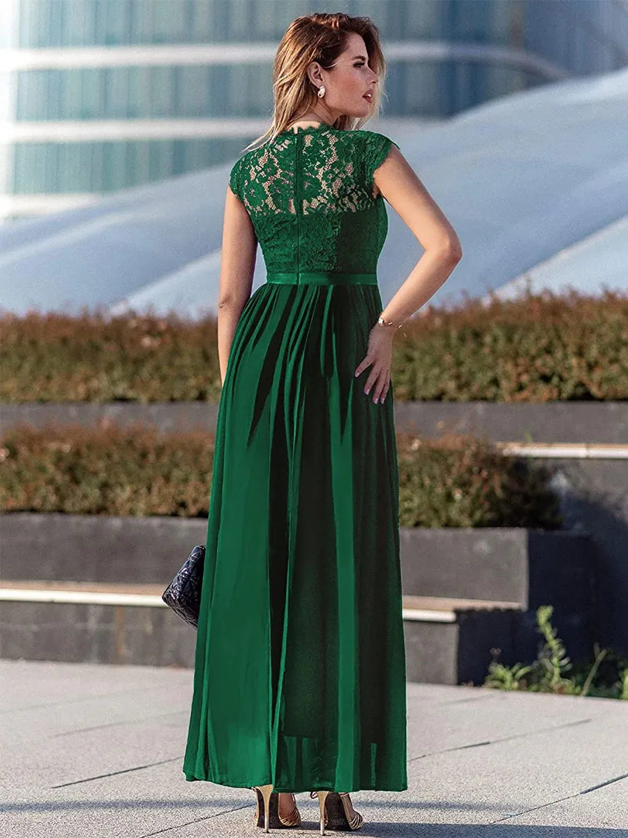 Navy Dress A-line Dark Cap Sleeves Maxi Dress Bodice Ribbon Waist Prom Dresses Mother of the Bride Dress