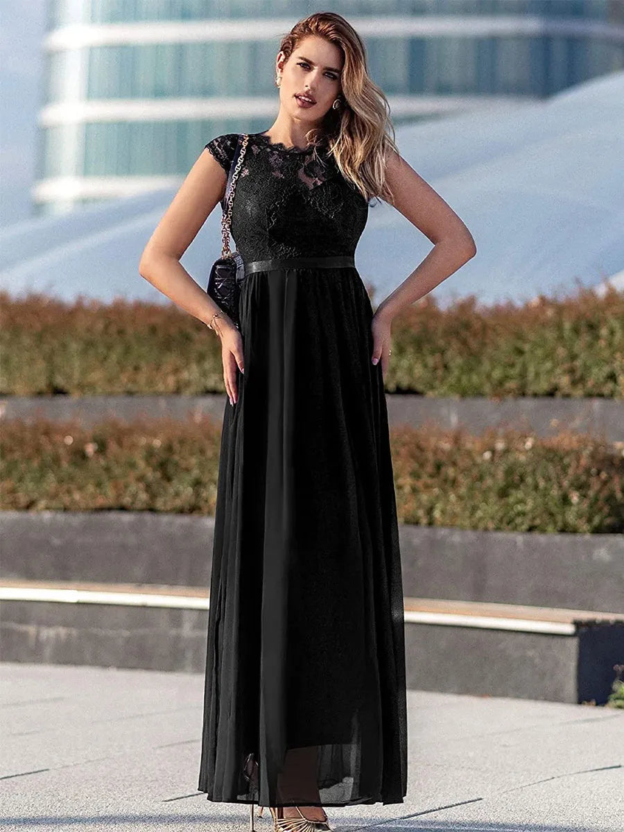 Navy Dress A-line Dark Cap Sleeves Maxi Dress Bodice Ribbon Waist Prom Dresses Mother of the Bride Dress