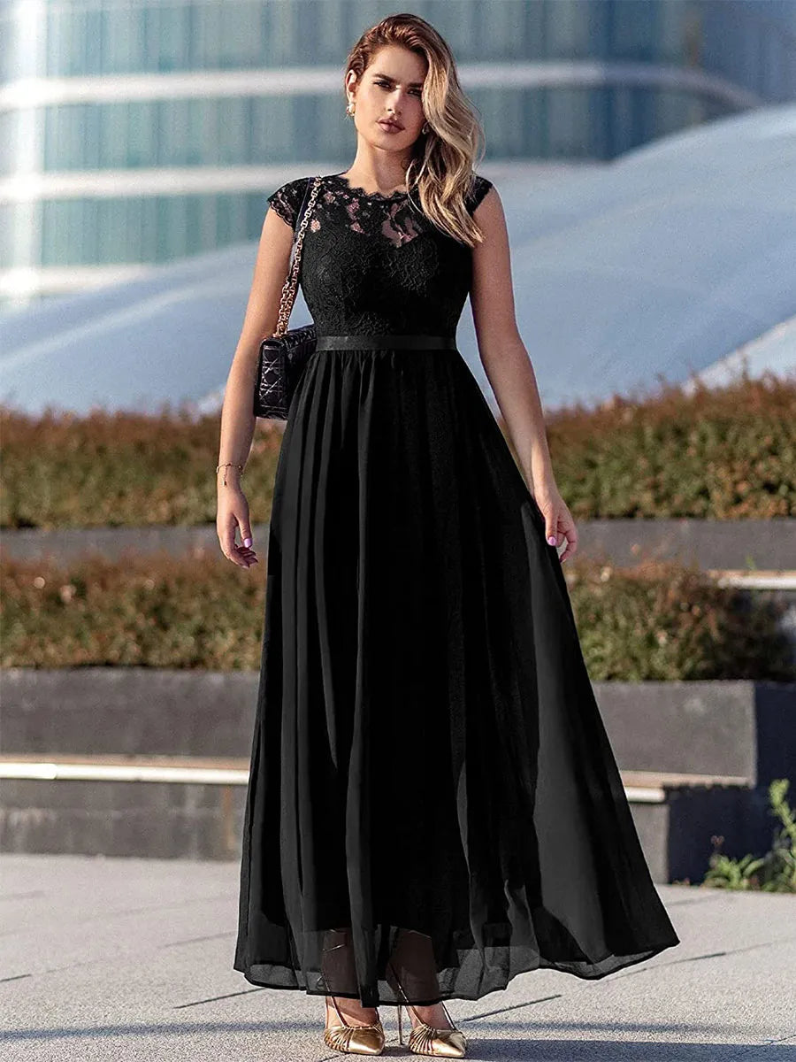Navy Dress A-line Dark Cap Sleeves Maxi Dress Bodice Ribbon Waist Prom Dresses Mother of the Bride Dress