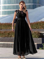 Navy Dress A-line Dark Cap Sleeves Maxi Dress Bodice Ribbon Waist Prom Dresses Mother of the Bride Dress