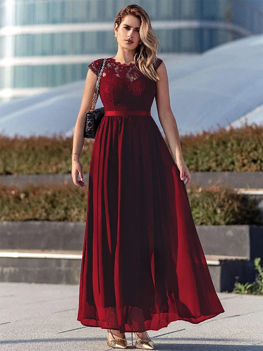 Navy Dress A-line Dark Cap Sleeves Maxi Dress Bodice Ribbon Waist Prom Dresses Mother of the Bride Dress