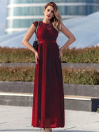 Navy Dress A-line Dark Cap Sleeves Maxi Dress Bodice Ribbon Waist Prom Dresses Mother of the Bride Dress