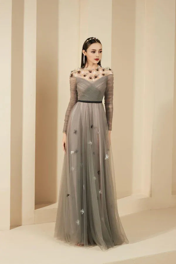 Dress A-line Gathered Round Neck Sheer Maxi Dress Vintage Pleats Prom Dress With Flower