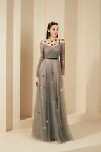 Dress A-line Gathered Round Neck Sheer Maxi Dress Vintage Pleats Prom Dress With Flower