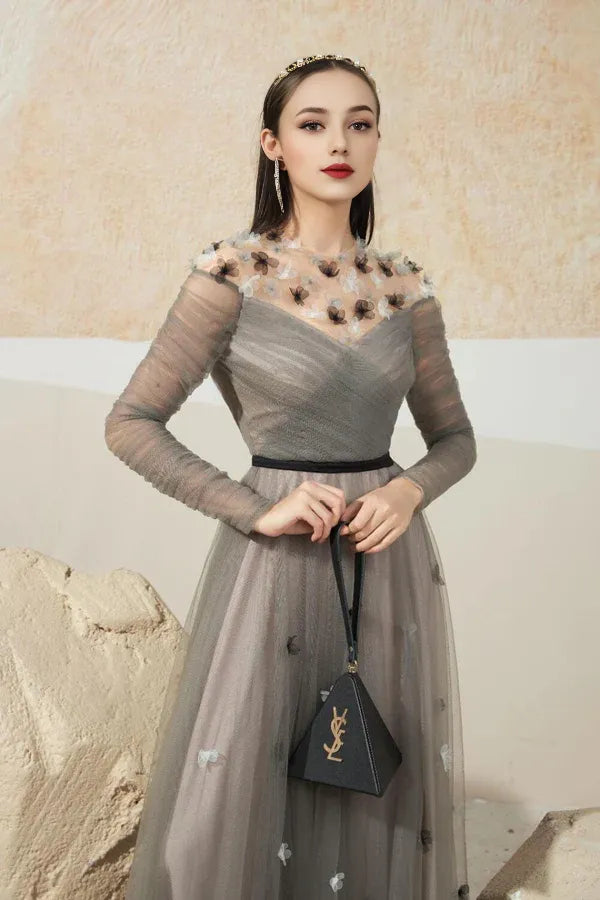 Dress A-line Gathered Round Neck Sheer Maxi Dress Vintage Pleats Prom Dress With Flower