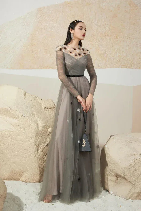 Dress A-line Gathered Round Neck Sheer Maxi Dress Vintage Pleats Prom Dress With Flower