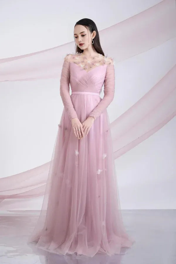Dress A-line Gathered Round Neck Sheer Maxi Dress Vintage Pleats Prom Dress With Flower