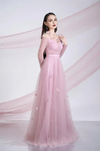Dress A-line Gathered Round Neck Sheer Maxi Dress Vintage Pleats Prom Dress With Flower