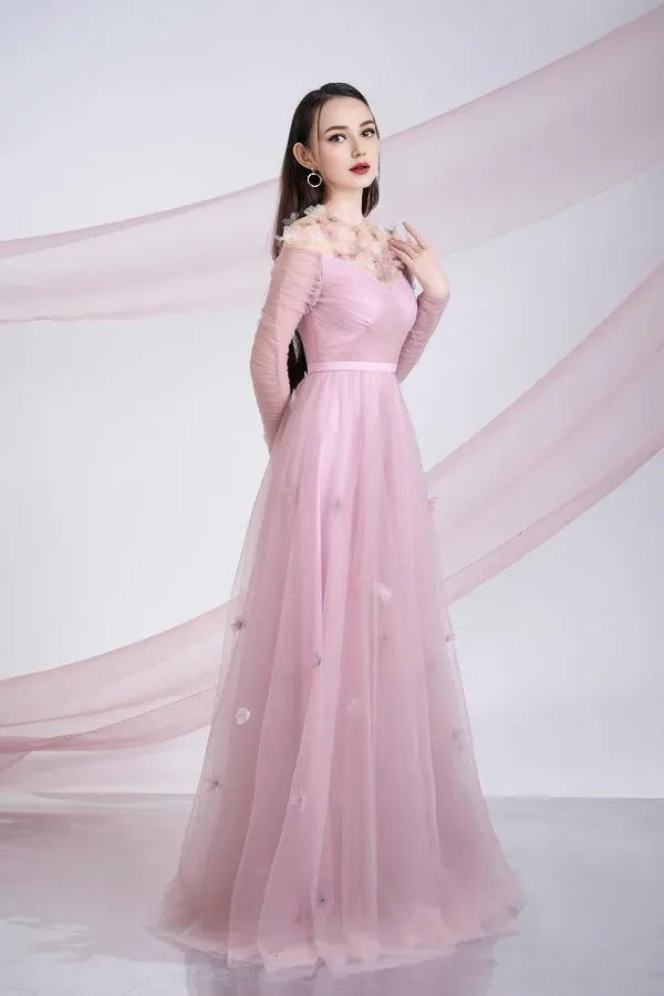 Dress A-line Gathered Round Neck Sheer Maxi Dress Vintage Pleats Prom Dress With Flower