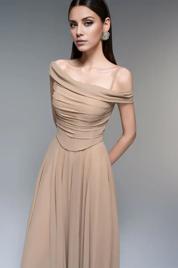 Dress A-line Spaghetti Straps Draped Floor Length Maxi Dress Sleeveless Elegant Pleated Prom Dress