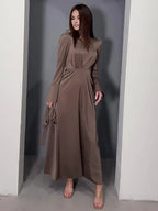 Dress A-line V-Neck Dress Bell Sleeves Ribbon Pleated Floor Length Prom Maxi Dresses