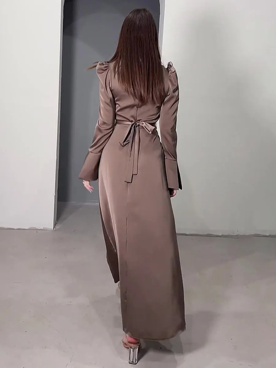 Dress A-line V-Neck Dress Bell Sleeves Ribbon Pleated Floor Length Prom Maxi Dresses