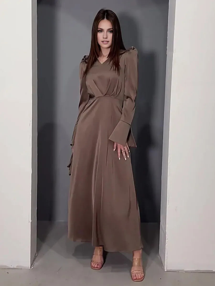 Dress A-line V-Neck Dress Bell Sleeves Ribbon Pleated Floor Length Prom Maxi Dresses