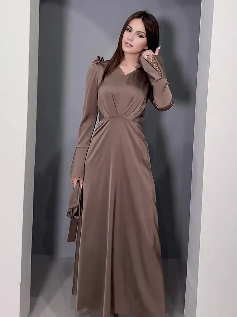 Dress A-line V-Neck Dress Bell Sleeves Ribbon Pleated Floor Length Prom Maxi Dresses