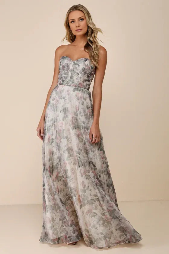 Ivory Dress Beautiful Multi Floral Print Maxi Dress Evening Dress A-Line Sleeveless Sweetheart Neck Prom Dress