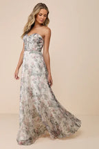 Ivory Dress Beautiful Multi Floral Print Maxi Dress Evening Dress A-Line Sleeveless Sweetheart Neck Prom Dress