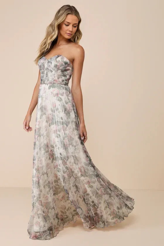 Ivory Dress Beautiful Multi Floral Print Maxi Dress Evening Dress A-Line Sleeveless Sweetheart Neck Prom Dress