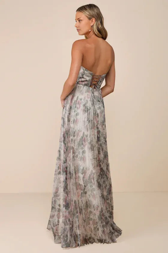 Ivory Dress Beautiful Multi Floral Print Maxi Dress Evening Dress A-Line Sleeveless Sweetheart Neck Prom Dress