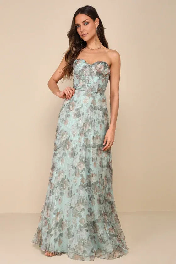 Ivory Dress Beautiful Multi Floral Print Maxi Dress Evening Dress A-Line Sleeveless Sweetheart Neck Prom Dress