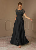 Black Dress A-Line Boat Neck Sequins Maxi Dress Modern Short Sleeve Scoop Back Mother of the Bride Dress