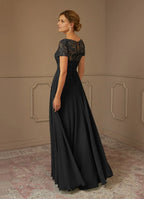 Black Dress A-Line Boat Neck Sequins Maxi Dress Modern Short Sleeve Scoop Back Mother of the Bride Dress
