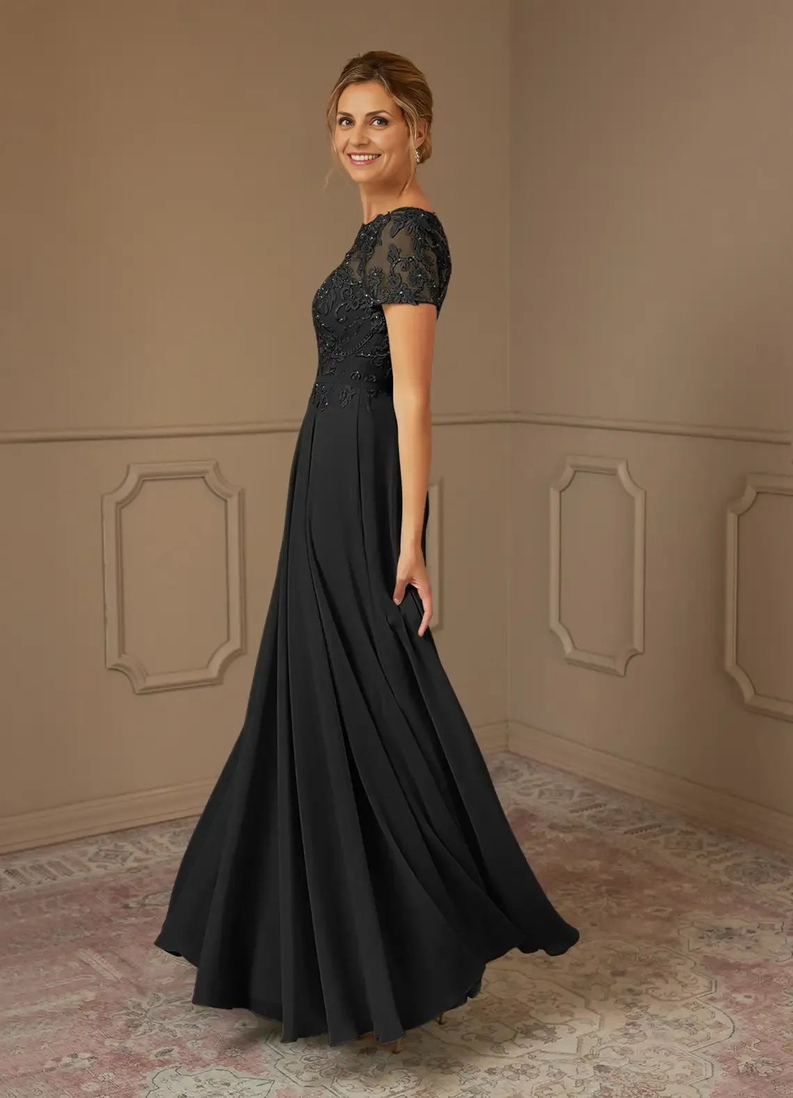 Black Dress A-Line Boat Neck Sequins Maxi Dress Modern Short Sleeve Scoop Back Mother of the Bride Dress