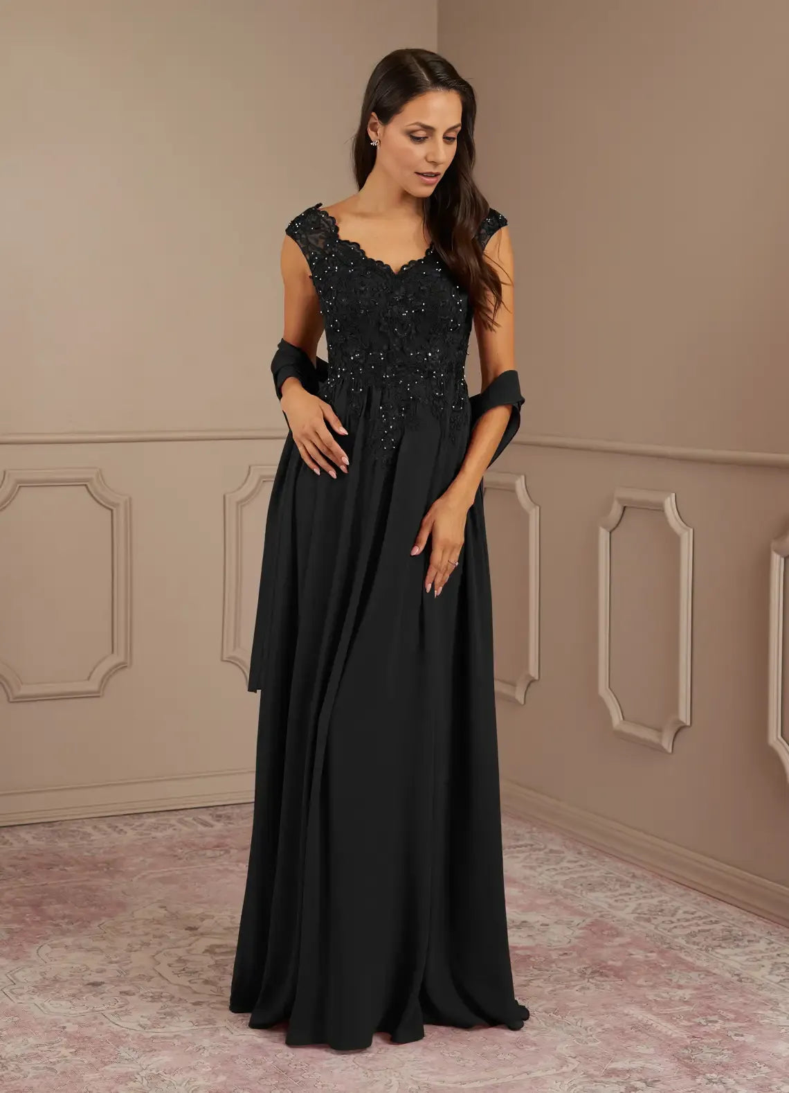 Black Dress A-Line V-Neck Sequins Maxi Dress Modern Cap Sleeves V Back Mother of the Bride Dress