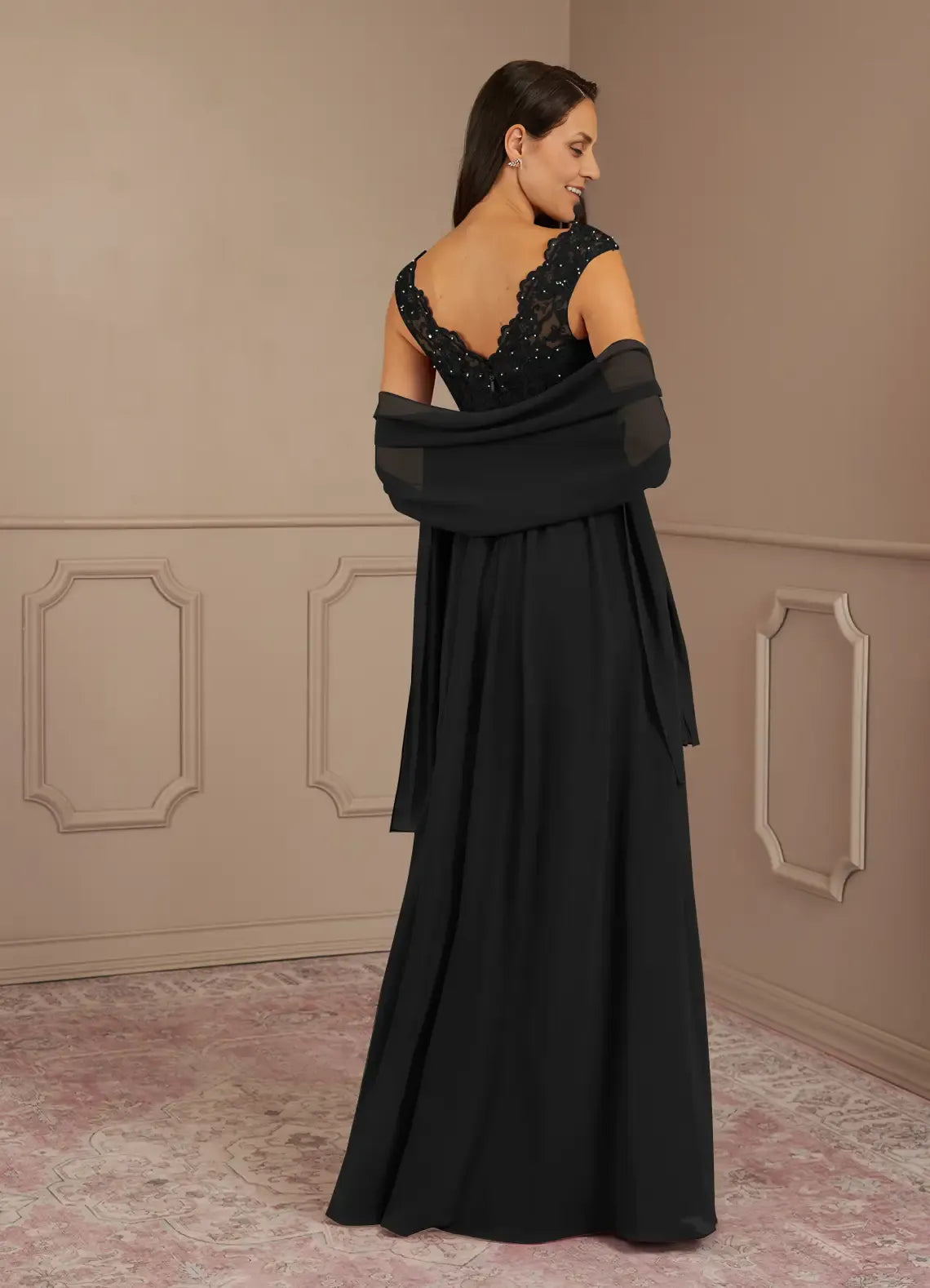 Black Dress A-Line V-Neck Sequins Maxi Dress Modern Cap Sleeves V Back Mother of the Bride Dress