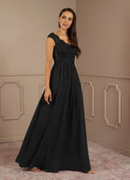 Black Dress A-Line V-Neck Sequins Maxi Dress Modern Cap Sleeves V Back Mother of the Bride Dress