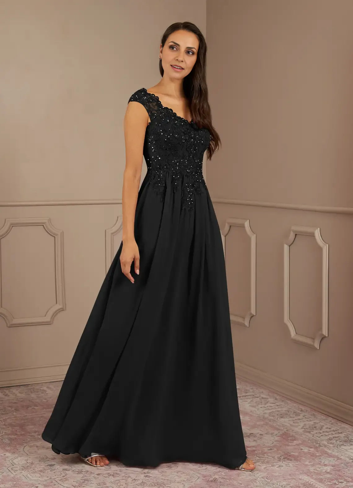 Black Dress A-Line V-Neck Sequins Maxi Dress Modern Cap Sleeves V Back Mother of the Bride Dress