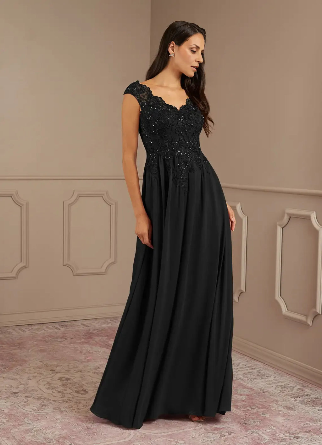 Black Dress A-Line V-Neck Sequins Maxi Dress Modern Cap Sleeves V Back Mother of the Bride Dress