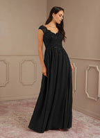 Black Dress A-Line V-Neck Sequins Maxi Dress Modern Cap Sleeves V Back Mother of the Bride Dress