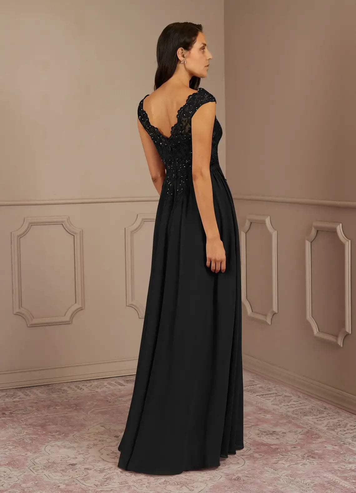 Black Dress A-Line V-Neck Sequins Maxi Dress Modern Cap Sleeves V Back Mother of the Bride Dress