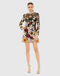 Black Dress Floral Embroidered Long Sleeve Mini Dress Evening Dress A-Line Illusion High Neck Prom Dress