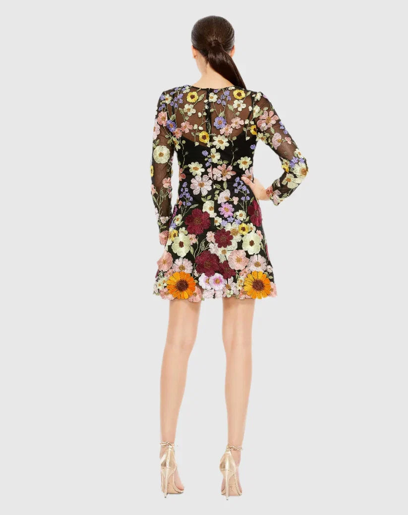 Black Dress Floral Embroidered Long Sleeve Mini Dress Evening Dress A-Line Illusion High Neck Prom Dress