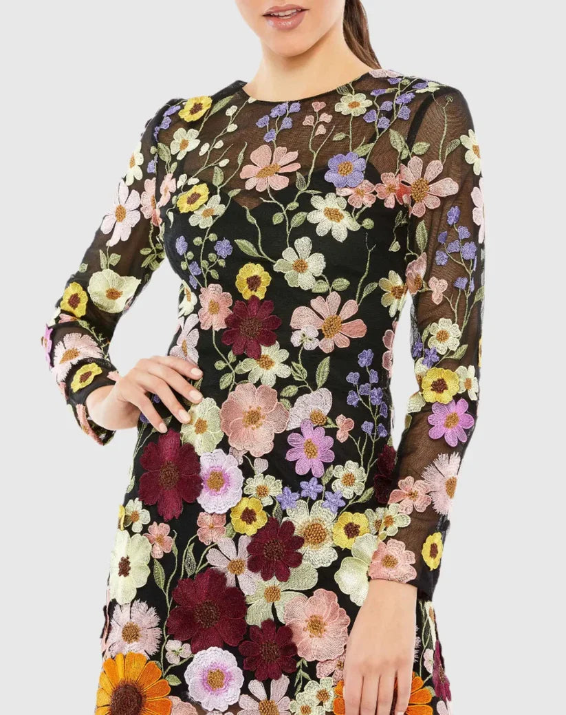 Black Dress Floral Embroidered Long Sleeve Mini Dress Evening Dress A-Line Illusion High Neck Prom Dress