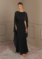Black Dress Sheath Scoop Neck Maxi Dress Classic Cap Sleeves Back Zip Cascading Ruffles Mother of the Bride Dress