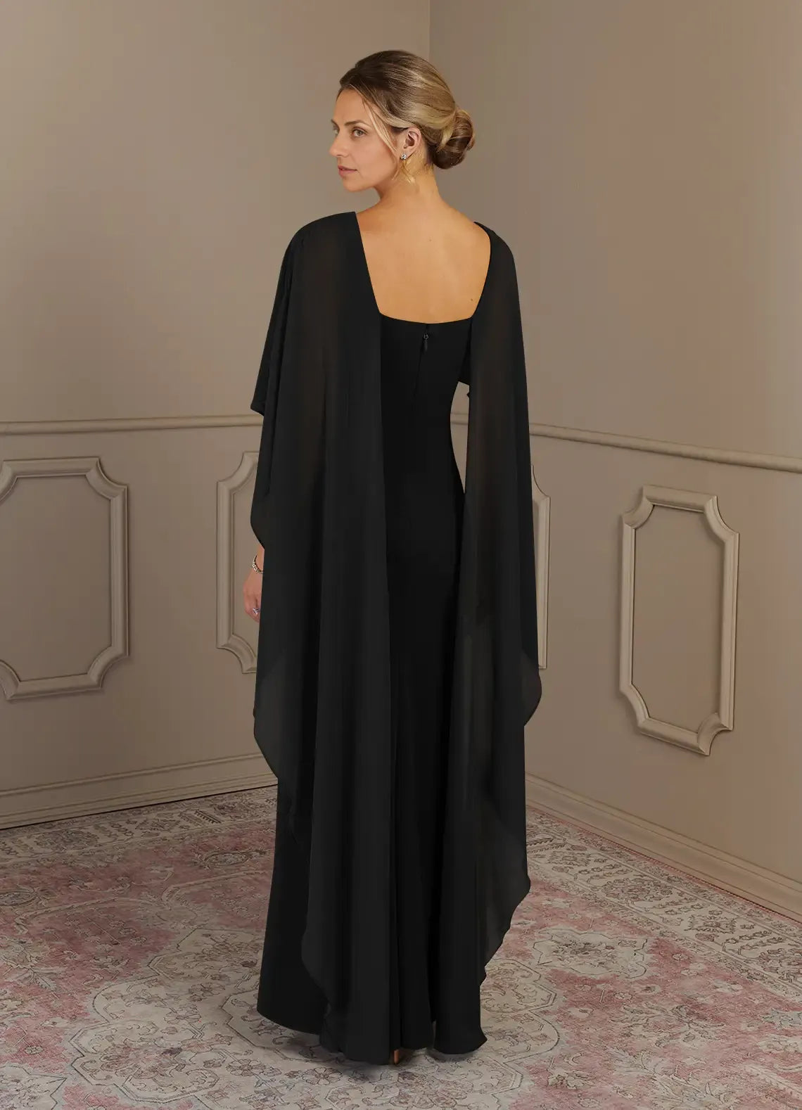 Black Dress Sheath Scoop Neck Maxi Dress Classic Cap Sleeves Back Zip Cascading Ruffles Mother of the Bride Dress