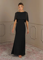 Black Dress Sheath Scoop Neck Maxi Dress Classic Cap Sleeves Back Zip Cascading Ruffles Mother of the Bride Dress