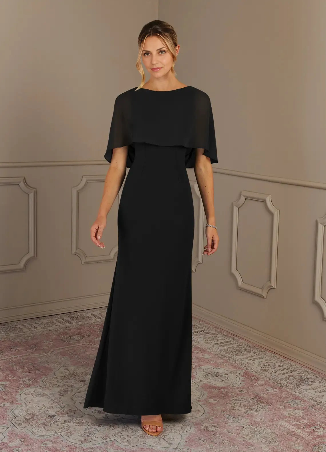 Black Dress Sheath Scoop Neck Maxi Dress Classic Cap Sleeves Back Zip Cascading Ruffles Mother of the Bride Dress
