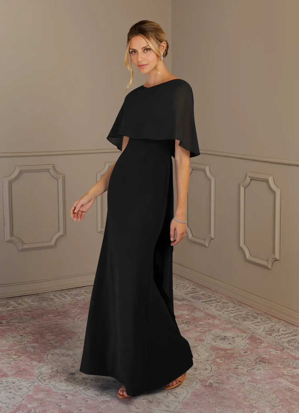 Black Dress Sheath Scoop Neck Maxi Dress Classic Cap Sleeves Back Zip Cascading Ruffles Mother of the Bride Dress
