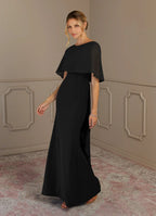 Black Dress Sheath Scoop Neck Maxi Dress Classic Cap Sleeves Back Zip Cascading Ruffles Mother of the Bride Dress