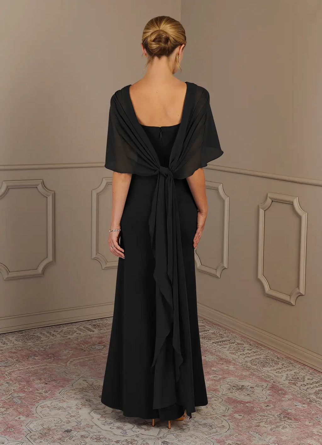 Black Dress Sheath Scoop Neck Maxi Dress Classic Cap Sleeves Back Zip Cascading Ruffles Mother of the Bride Dress