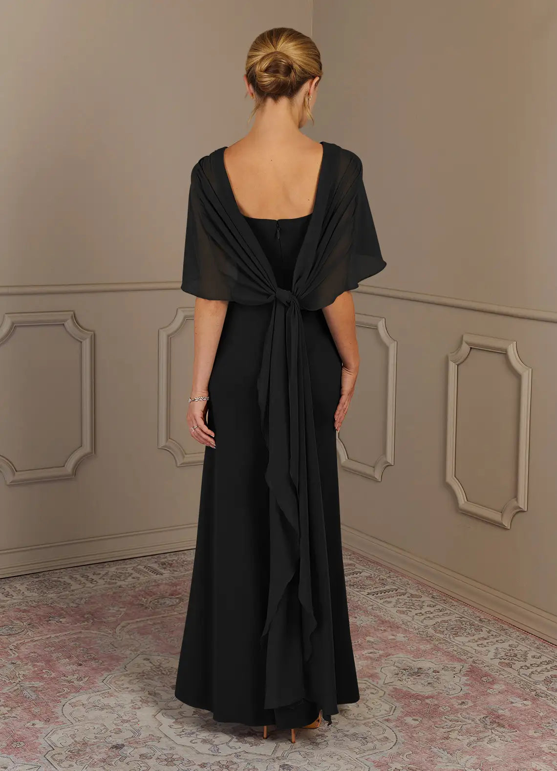 Black Dress Sheath Scoop Neck Maxi Dress Classic Cap Sleeves Back Zip Cascading Ruffles Mother of the Bride Dress
