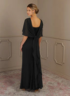Black Dress Sheath Scoop Neck Maxi Dress Classic Cap Sleeves Back Zip Cascading Ruffles Mother of the Bride Dress