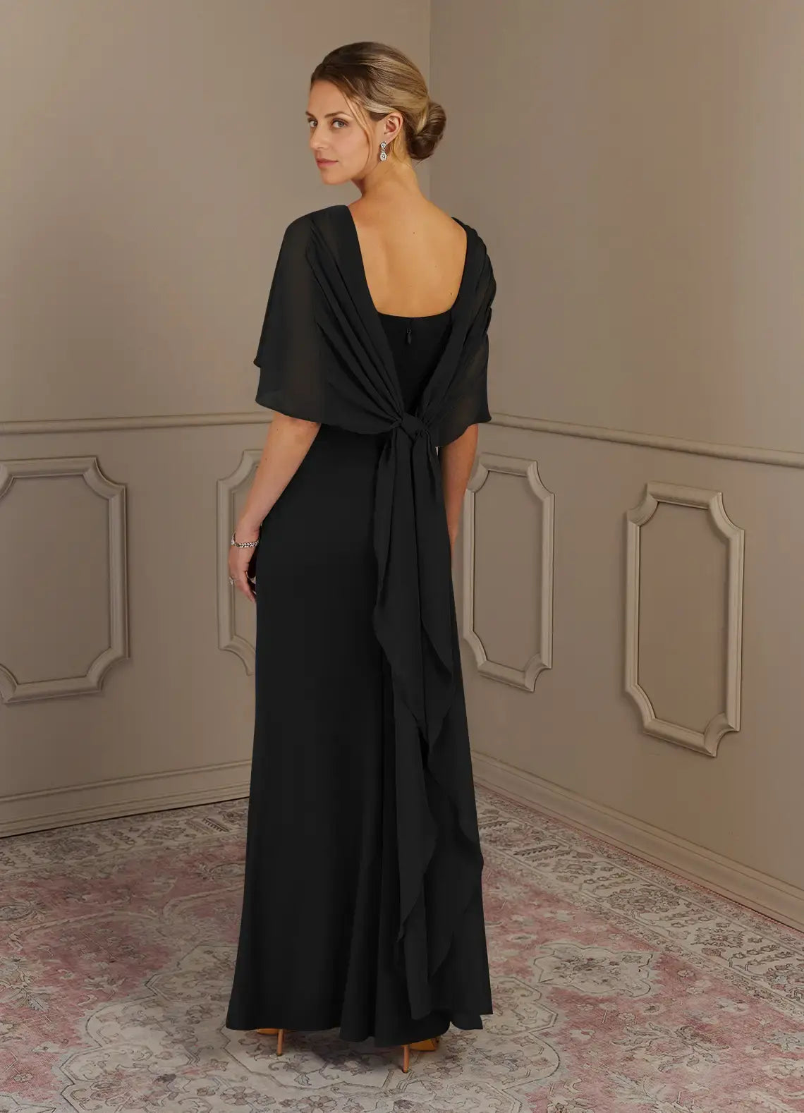 Black Dress Sheath Scoop Neck Maxi Dress Classic Cap Sleeves Back Zip Cascading Ruffles Mother of the Bride Dress