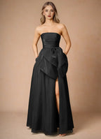 Black Dress Strapless Elegant Maxi Dress Sleeveless A-line Backless Prom Dress With Slit